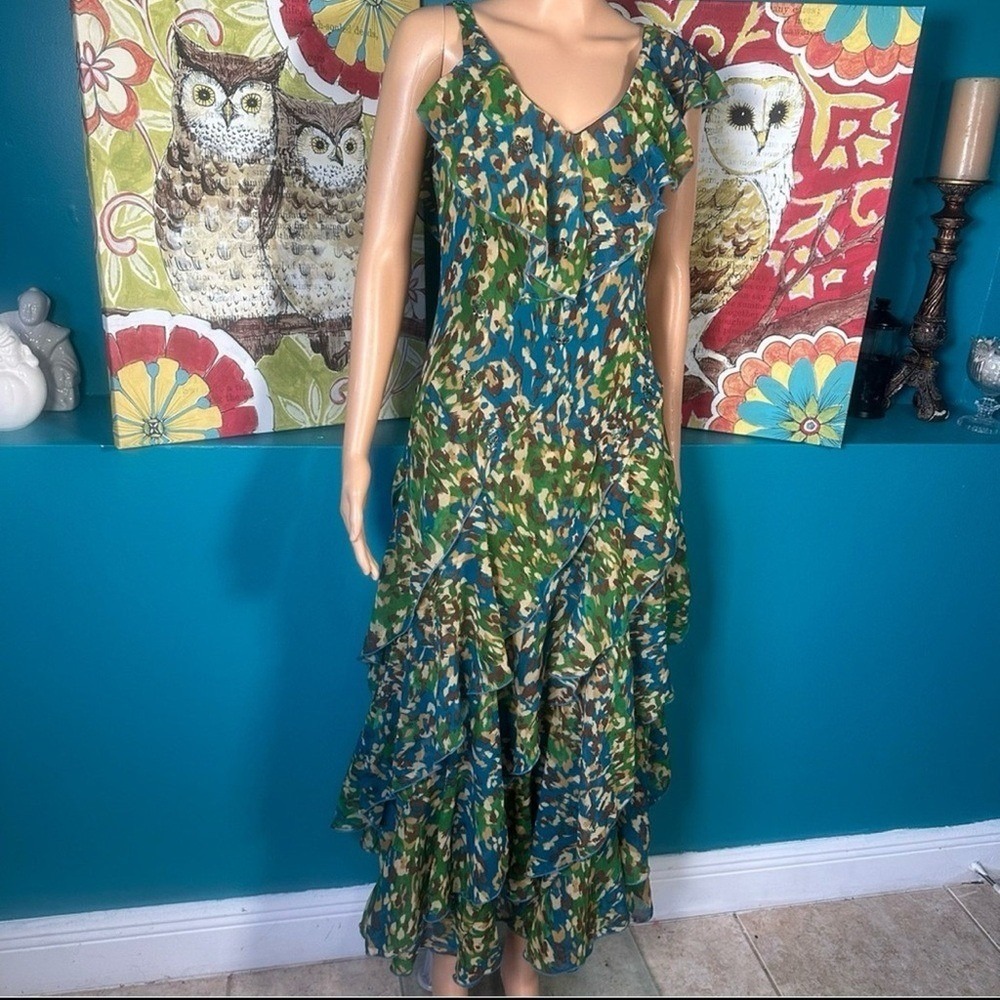 Robbie Bee Maxi Dress Women's Size 8 Ruffle Green Blue Abstract Print Tiered - Picture 8 of 12